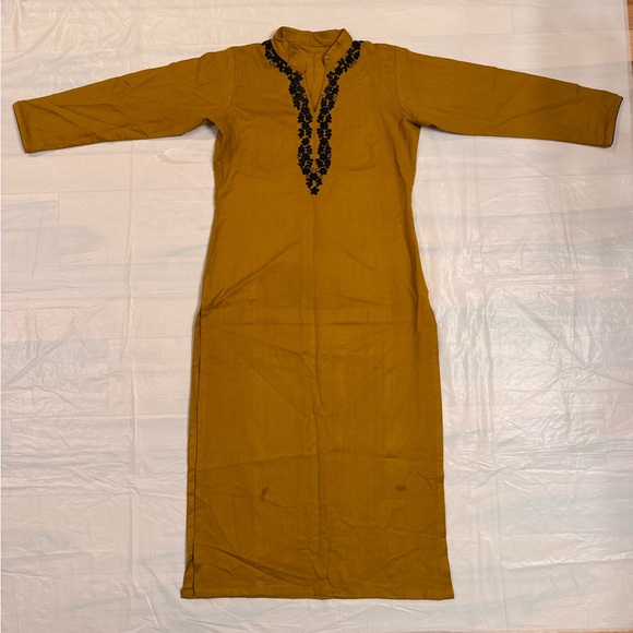 Mustard Long Sleeve Dress with Black Embroidery - Picture 1 of 7